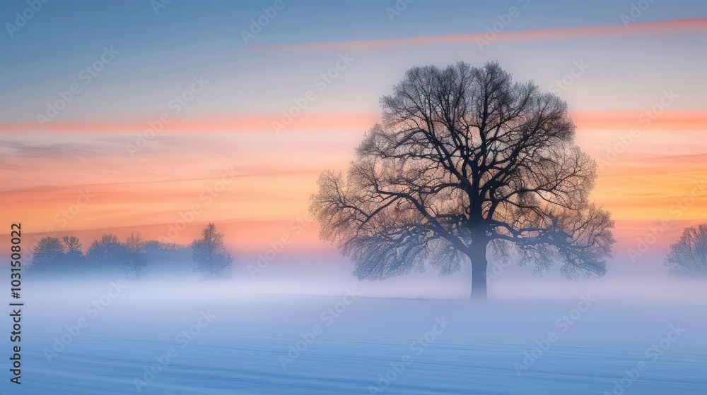 Fototapeta premium Serene Winter Landscape with Majestic Tree at Dusk