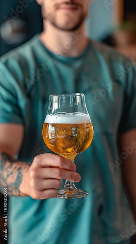 A close-up shot of a 20-year-old white American man wearing a plain green T-shirt, holding a beer-filled glass. photo