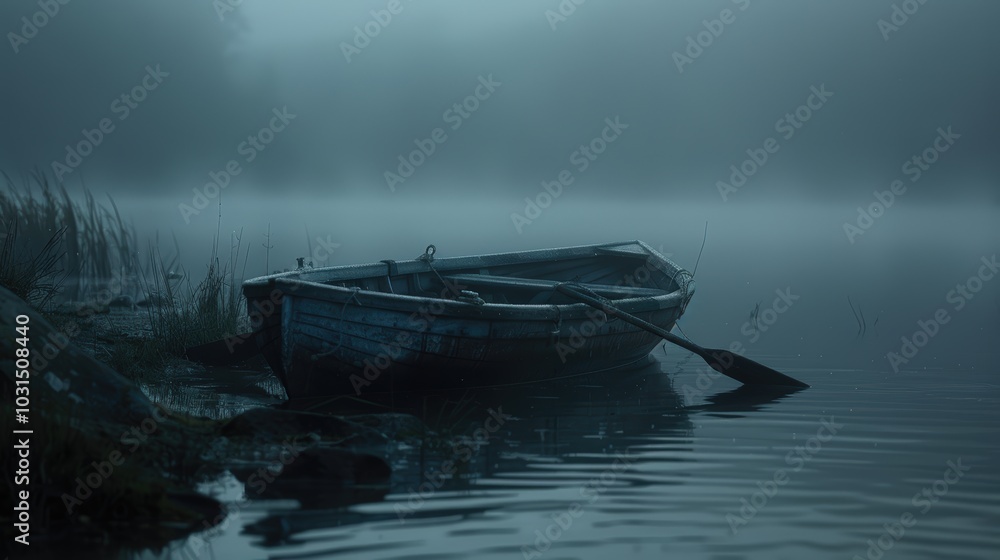Misty Lake with Abandoned Rowboat at Dusk Misty Lake with Abandoned Rowboat at Dusk