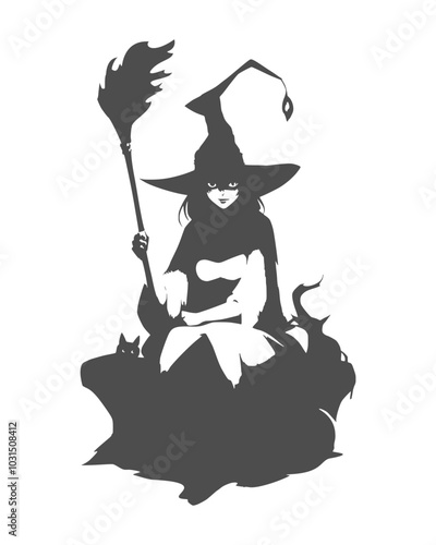 Silhouette of young cute witch girl with broomstick. Long curly hair. Halloween relative character silhouette