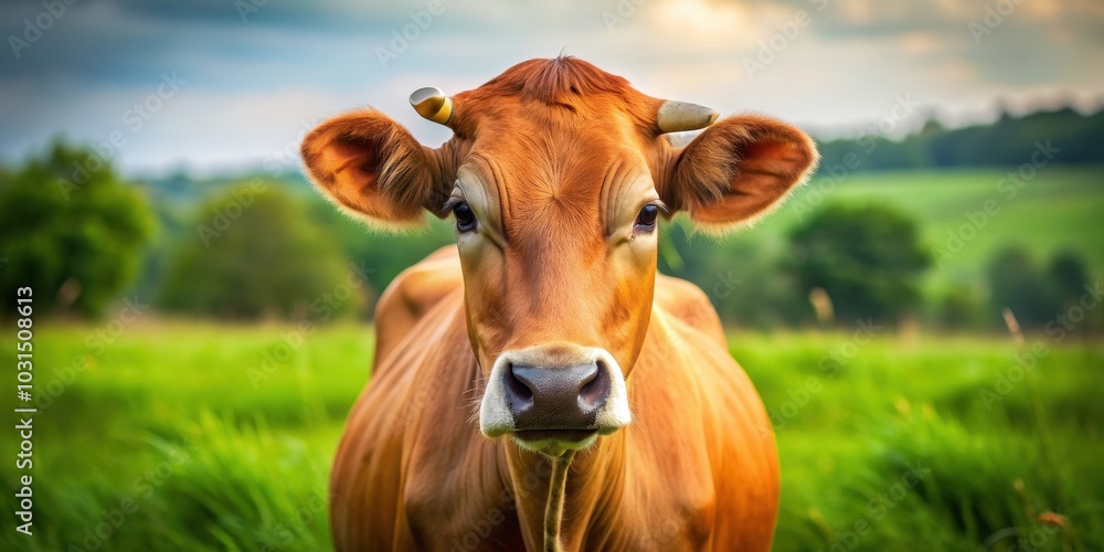 portrait of a brown cow standing in a lush green pasture with a curious expression, cow, farm animal, livestock, agriculture portrait of a brown cow standing in a lush green pasture with a curious expression, cow, farm animal, livestock, agriculture