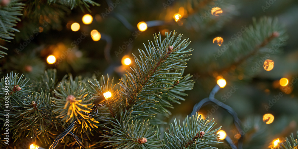 Close-up of green pine branches illuminated by warm yellow string lights, creating a festive and cozy holiday atmosphere with soft bokeh in the background Close-up of green pine branches illuminated by warm yellow string lights, creating a festive and cozy holiday atmosphere with soft bokeh in the background