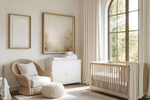 Nursery baby's room child's bedroom mockup with crib and framed wall art neutral tones wooden furniture picture window and comfortable minimalist stylish trendy decor with copy space 