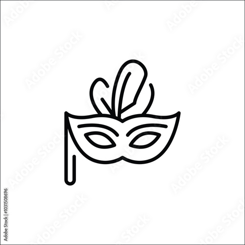 Venetian mask icon. Minimal line art illustration of a traditional masquerade mask with feathers. Perfect for use in carnival, festival, costume party, or Italian-themed designs. Vector illustration