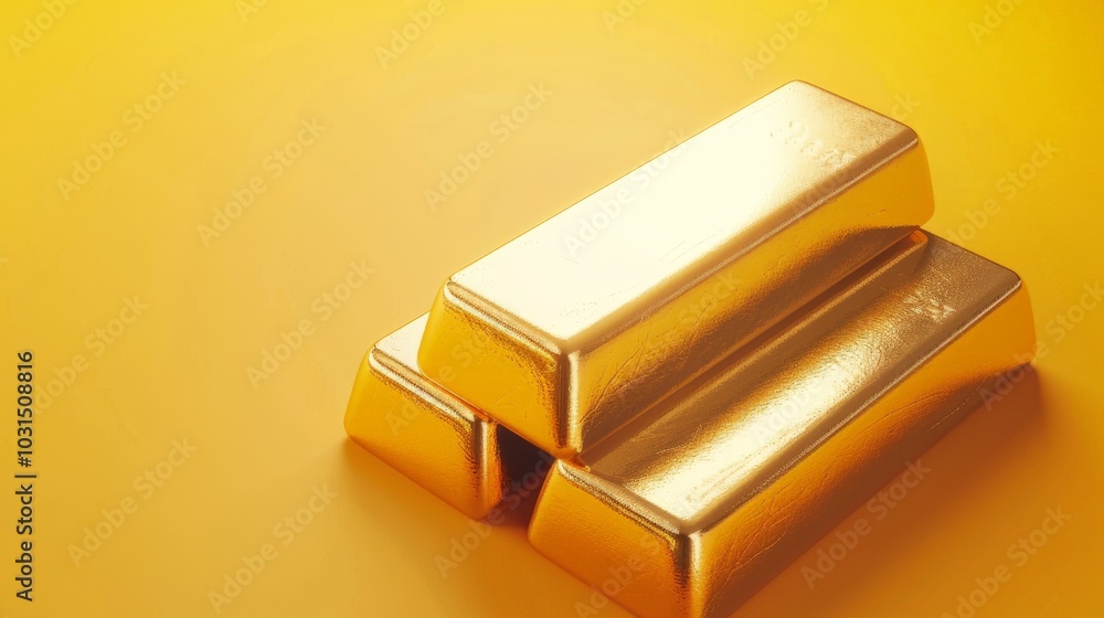 A closeup of shiny Gold bars and Financial concept on yellow background with copy space A closeup of shiny Gold bars and Financial concept on yellow background with copy space