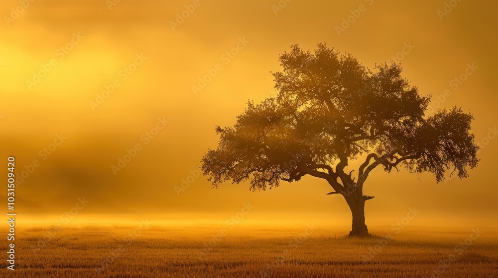 Serene Golden Landscape with Lone Tree at Dusk Serene Golden Landscape with Lone Tree at Dusk