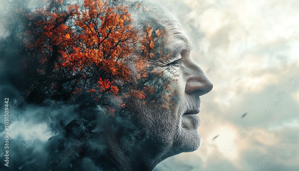 Elderly man depicted in a digital illustration, symbolizing the journey of memory loss and the emotional aspects of dementia Elderly man depicted in a digital illustration, symbolizing the journey of memory loss and the emotional aspects of dementia