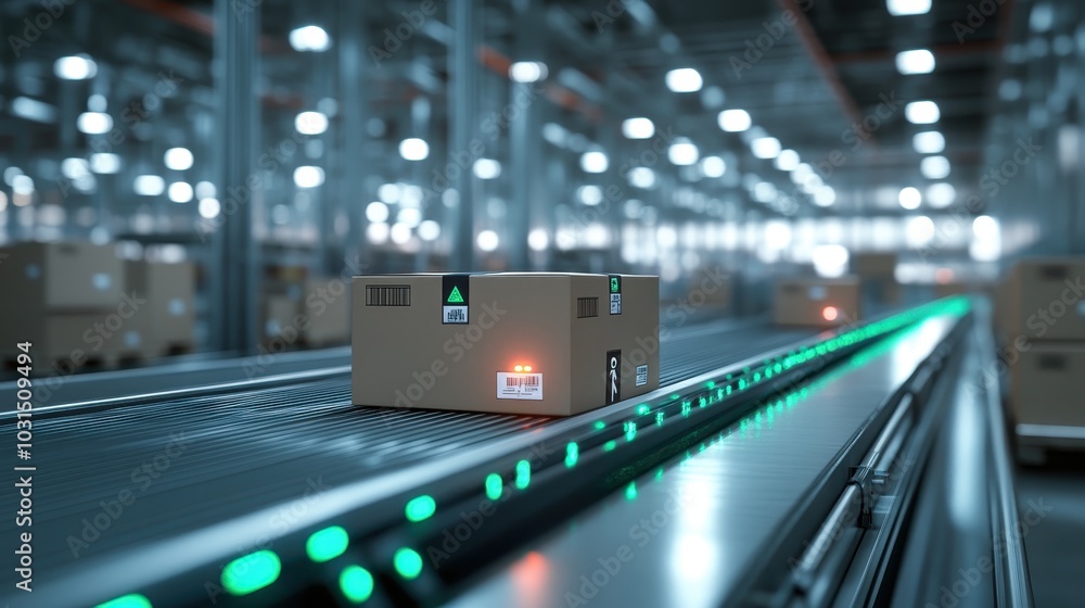 Automated Conveyor Belt with Cardboard Box in Modern Warehouse for Efficient Logistics and Shipping Operations Automated Conveyor Belt with Cardboard Box in Modern Warehouse for Efficient Logistics and Shipping Operations