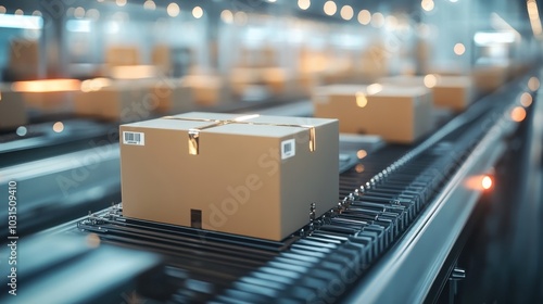 Automated Conveyor Belt with Cardboard Boxes in Modern Distribution Warehouse Facility