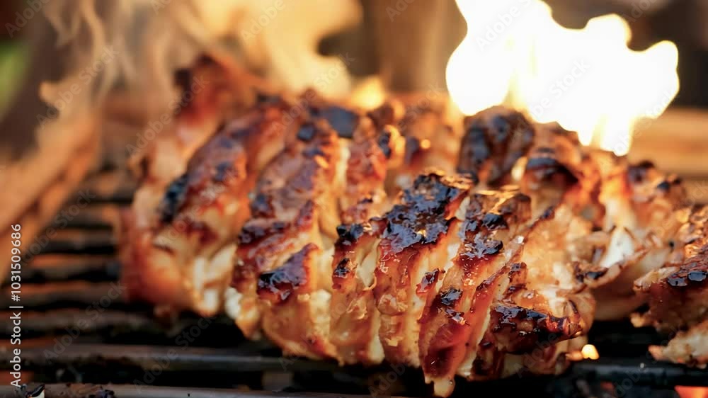 Grilled chicken on fire. Roasted chicken on the grill. Appetizing barbecue chicken Grilled chicken on fire. Roasted chicken on the grill. Appetizing barbecue chicken