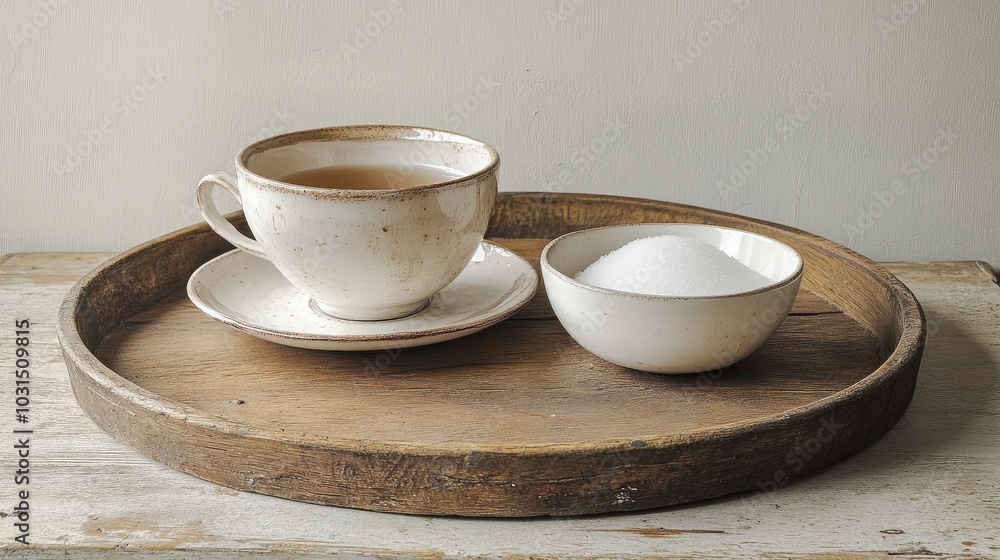Cozy Tea Cup and Sugar Bowl on Wooden Tray Cozy Tea Cup and Sugar Bowl on Wooden Tray