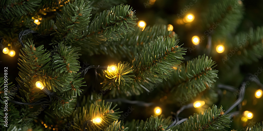Close-up of green pine branches illuminated by warm yellow string lights, creating a festive and cozy holiday atmosphere with soft bokeh in the background Close-up of green pine branches illuminated by warm yellow string lights, creating a festive and cozy holiday atmosphere with soft bokeh in the background