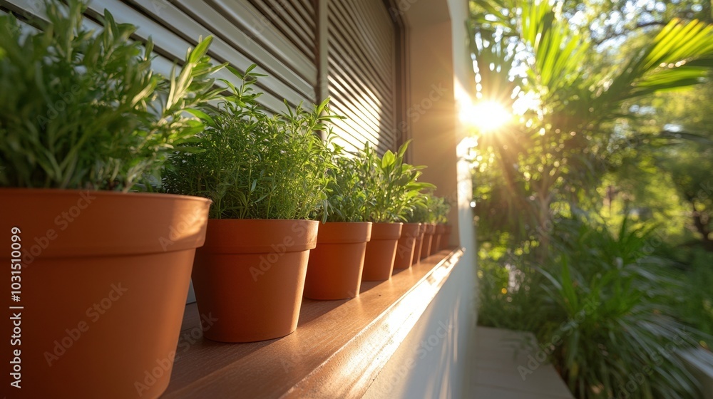 Potted plants lined up on a balcony bathed in warm sunlight. Potted plants lined up on a balcony bathed in warm sunlight.