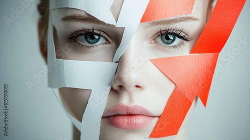 Portrait of a woman with abstract shapes on her face against a neutral background. photo