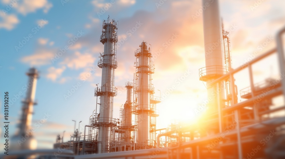 Refinery towers illuminated by sunset, creating a dramatic industrial skyline. Refinery towers illuminated by sunset, creating a dramatic industrial skyline.