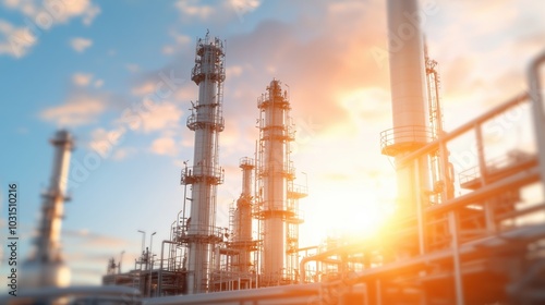 Refinery towers illuminated by sunset, creating a dramatic industrial skyline.