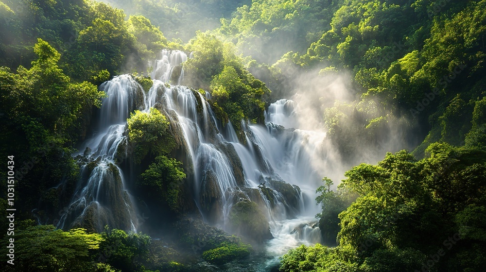 Majestic Waterfall in Lush Green Landscape Majestic Waterfall in Lush Green Landscape