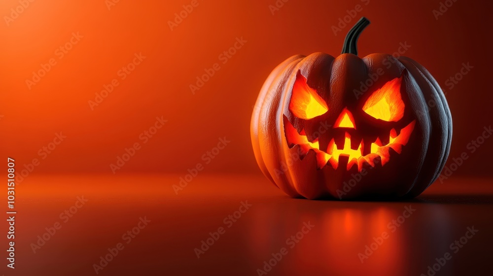 Glowing Jack-o'-Lantern with Spooky Expression on Orange Background for Halloween Celebration Glowing Jack-o'-Lantern with Spooky Expression on Orange Background for Halloween Celebration