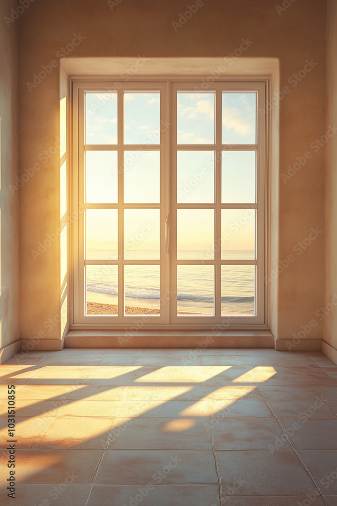 Obraz premium Empty room with window, Beige Empty Room Interior with a Window Overlooking the Beach.