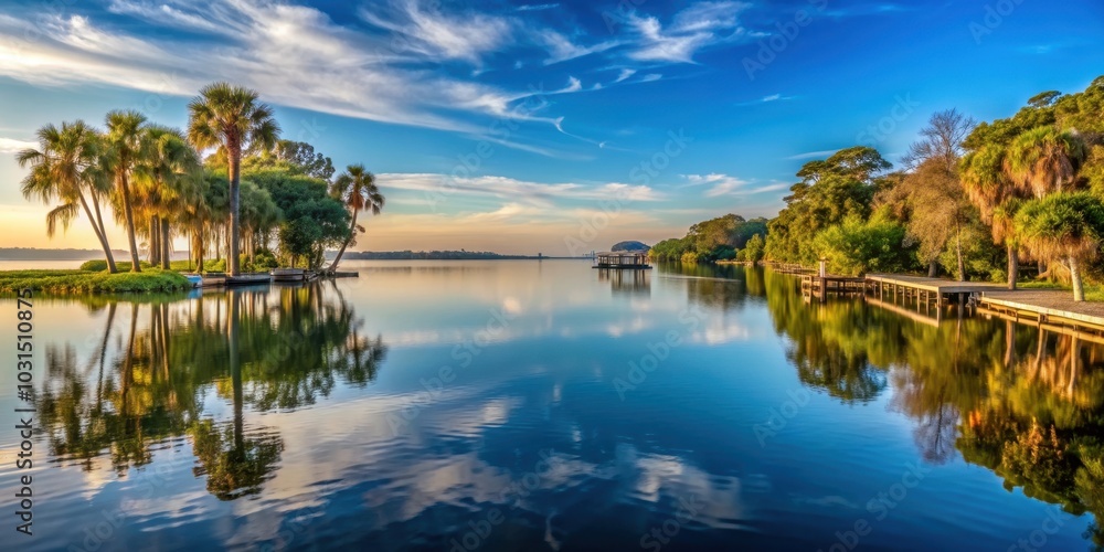 Obraz premium Beautiful morning at Kings Bay, Crystal River Florida , blue sky, clouds, sunny, nature, outdoor, waterfront, peaceful