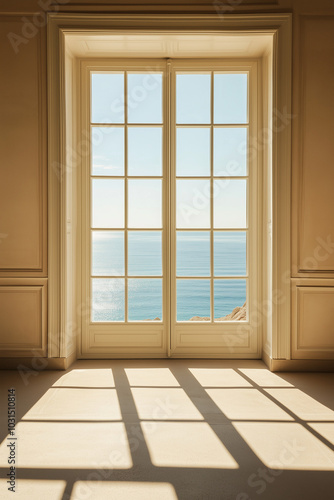 Empty room with window, Beige Empty Room Interior with a Window Overlooking the Beach.