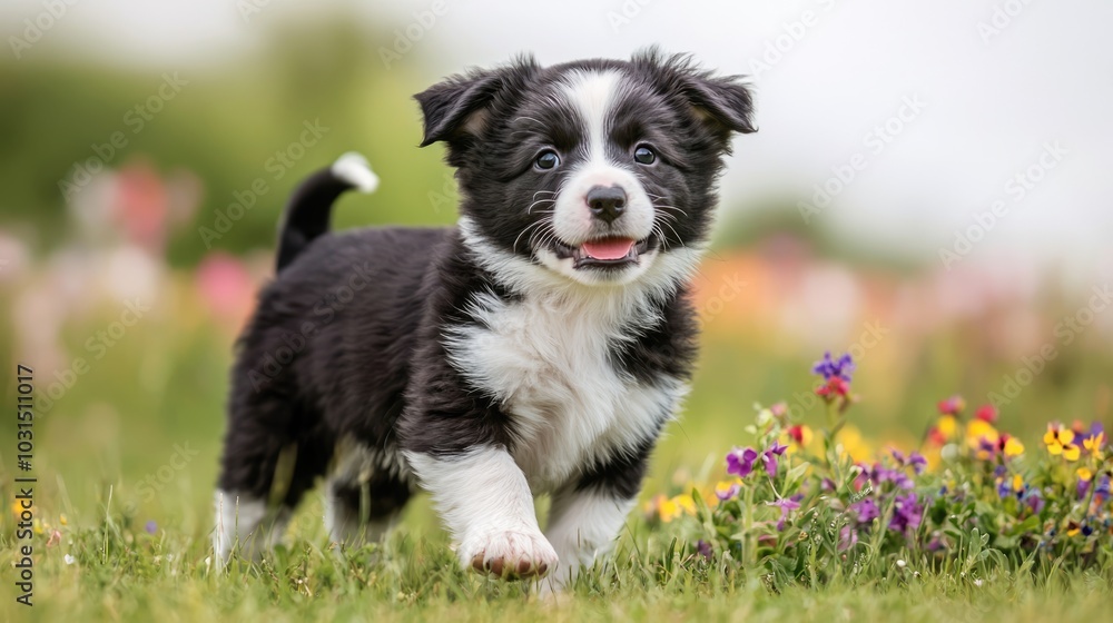 Fototapeta premium A playful black and white puppy joyfully walks through a vibrant flower field, embodying the essence of youth and nature.
