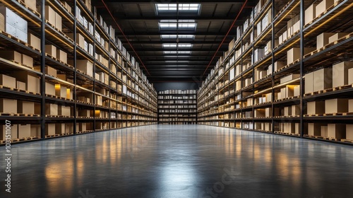 Modern Industrial Warehouse Interior with High Shelving and Stacked Boxes in a Spacious, Well-Lit Environment