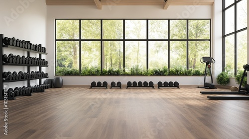 Modern gym interior with dumbbells and large windows, bright and inviting space. photo