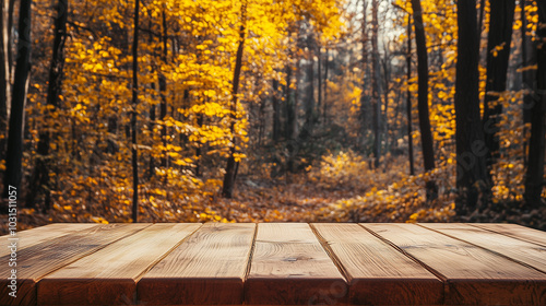 mpty Wooden Tabletop Against an Autumn Background. photo