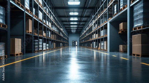 Modern Industrial Warehouse Interior with High Shelving and Stacked Boxes in a Clean and Organized Storage Facility