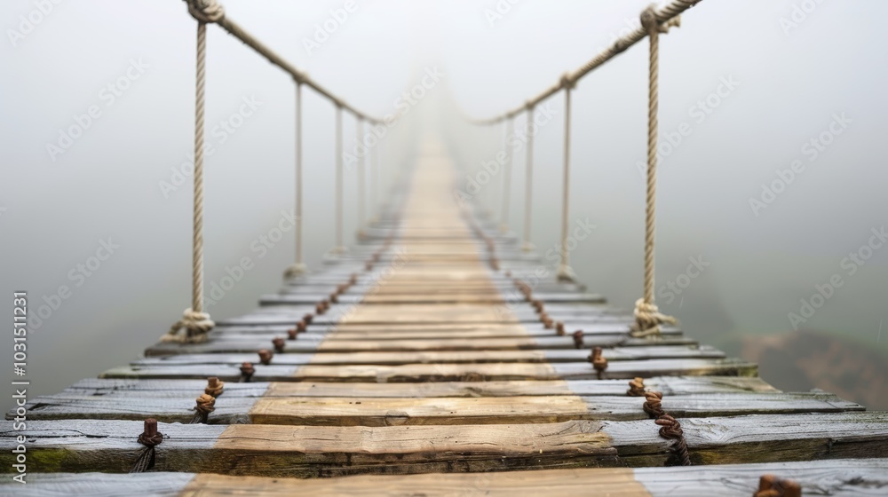 Misty Pathway on a Suspended Wooden Bridge Misty Pathway on a Suspended Wooden Bridge