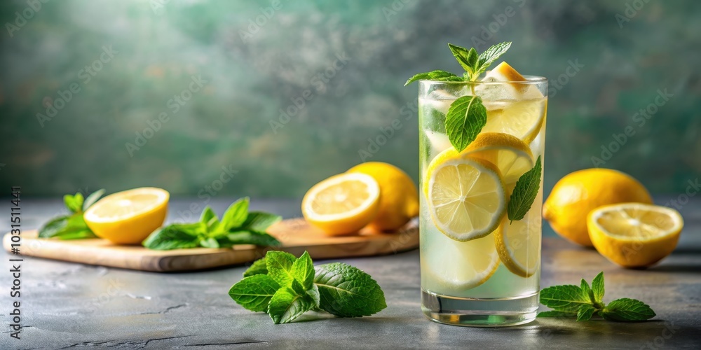 Fototapeta premium Refreshing homemade lemonade with lemon slices and mint leaves on a glass table, perfect for summer drinks