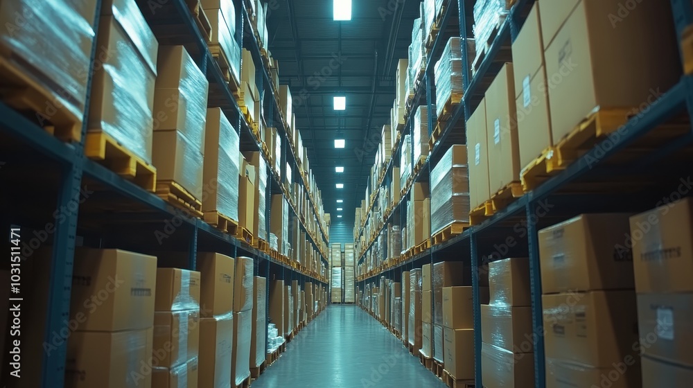 Vast Warehouse Interior with Stacked Cardboard Boxes on Shelves in Industrial Storage Facility Vast Warehouse Interior with Stacked Cardboard Boxes on Shelves in Industrial Storage Facility