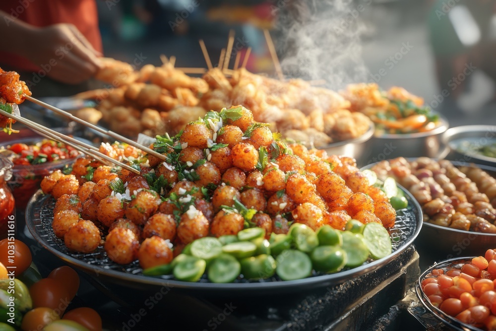 Colorful Vegan Street Food Display in Vibrant Scene Colorful Vegan Street Food Display in Vibrant Scene