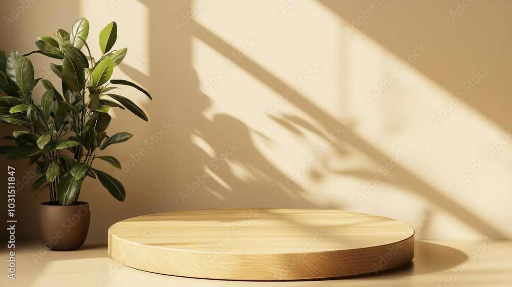 3D Wooden Podium on an Ivory Background with Plants for Product Display. 3D Wooden Podium on an Ivory Background with Plants for Product Display.