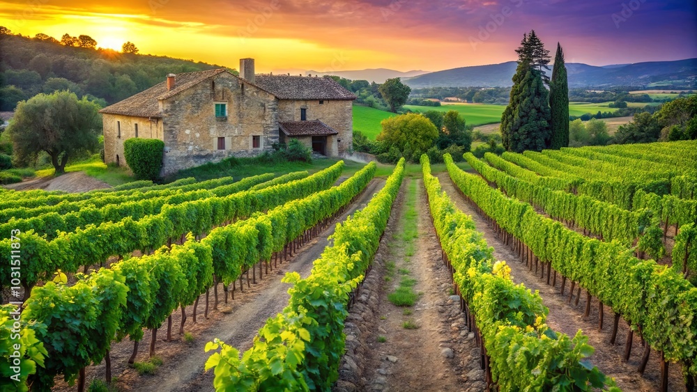 A stone farmhouse nestled amidst lush rows of grapevines, bathed in the golden glow of a sunset, with the silhouette of tall trees against a vibrant sky A stone farmhouse nestled amidst lush rows of grapevines, bathed in the golden glow of a sunset, with the silhouette of tall trees against a vibrant sky