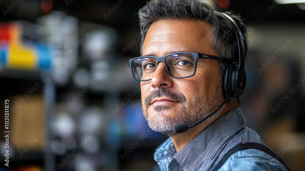 Confident Customer Service Representative with Headset in Modern Office Environment Confident Customer Service Representative with Headset in Modern Office Environment