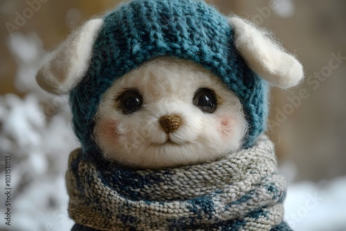 A close-up of a white stuffed animal wearing a teal knitted hat and scarf. The toy is looking directly at the camera with a sweet, innocent expression.