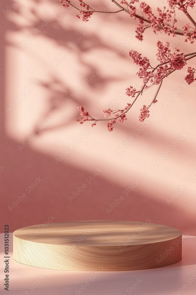 A 3D Wooden Podium on a Pink Background with Flowers for Product Display and Presentation. A 3D Wooden Podium on a Pink Background with Flowers for Product Display and Presentation.