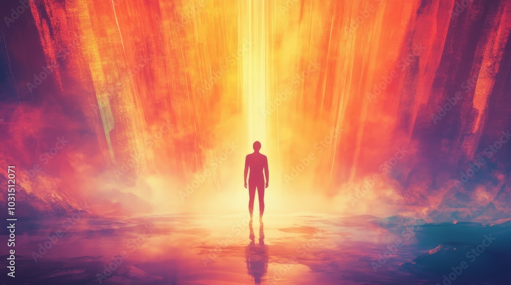 Silhouette of a Person Standing Before a Glowing Portal. Silhouette of a Person Standing Before a Glowing Portal.