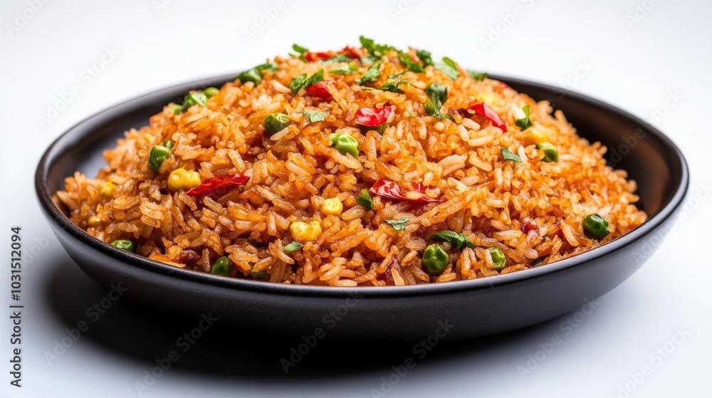 Delicious Spicy Fried Rice with Vegetables in a Black Bowl. Delicious Spicy Fried Rice with Vegetables in a Black Bowl.
