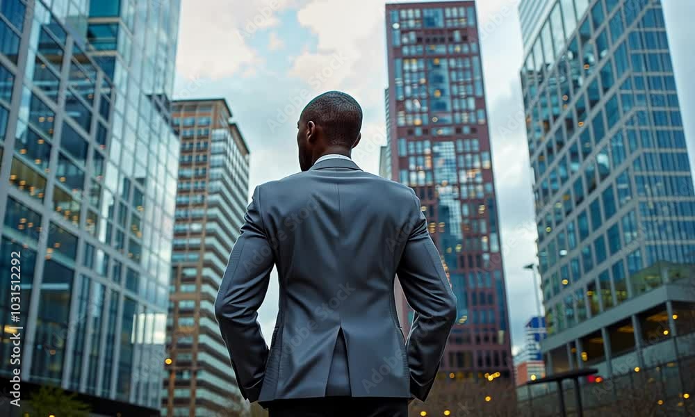 A professional man gazes at modern skyscrapers in the heart of a bustling city during twilight hours A professional man gazes at modern skyscrapers in the heart of a bustling city during twilight hours