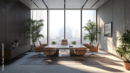 Modern conference room with large windows overlooking a cityscape.