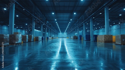 Spacious Modern Warehouse Interior with Stacked Boxes and Reflective Floor Under Bright Industrial Lighting