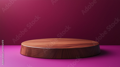 3D Wooden Podium on a Burgundy Background for Product Display.