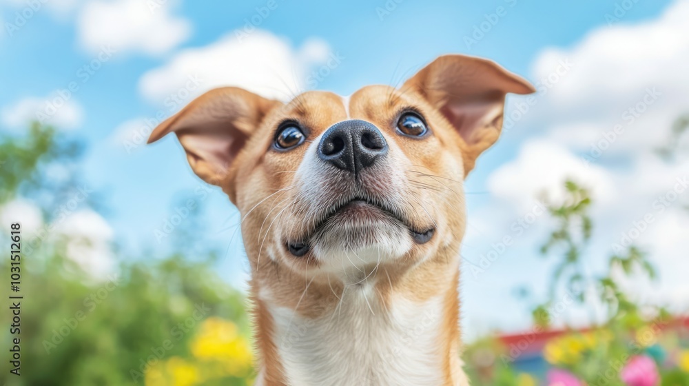 A cheerful dog gazes curiously upward against a scenic backdrop of blue skies and colorful flowers. A cheerful dog gazes curiously upward against a scenic backdrop of blue skies and colorful flowers.