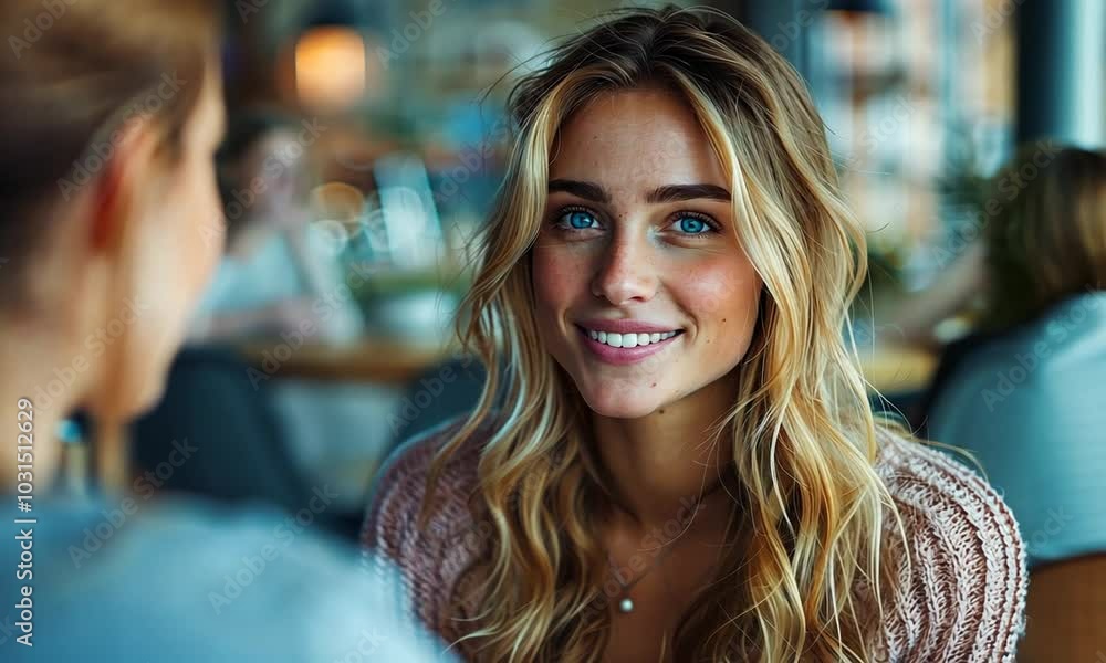 A young woman with beautiful blue eyes smiles warmly at a friend in a cozy café during the afternoon, enjoying meaningful conversation A young woman with beautiful blue eyes smiles warmly at a friend in a cozy café during the afternoon, enjoying meaningful conversation
