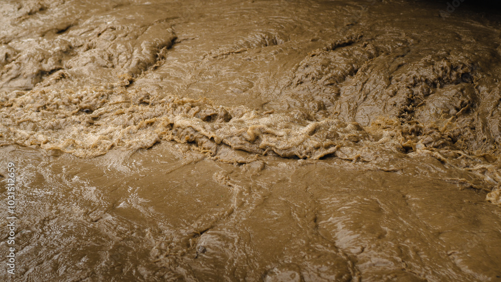 The fast-flowing river water is murky. The fast-flowing river water is murky.