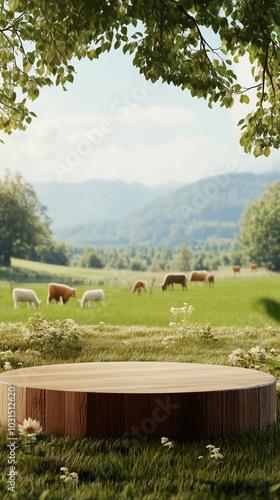 3D Wooden Round Podium with a Cow Farm, Background for Product Display