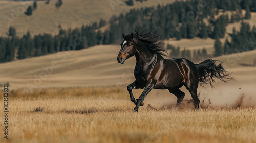 A powerful black stallion galloping across an open field photo